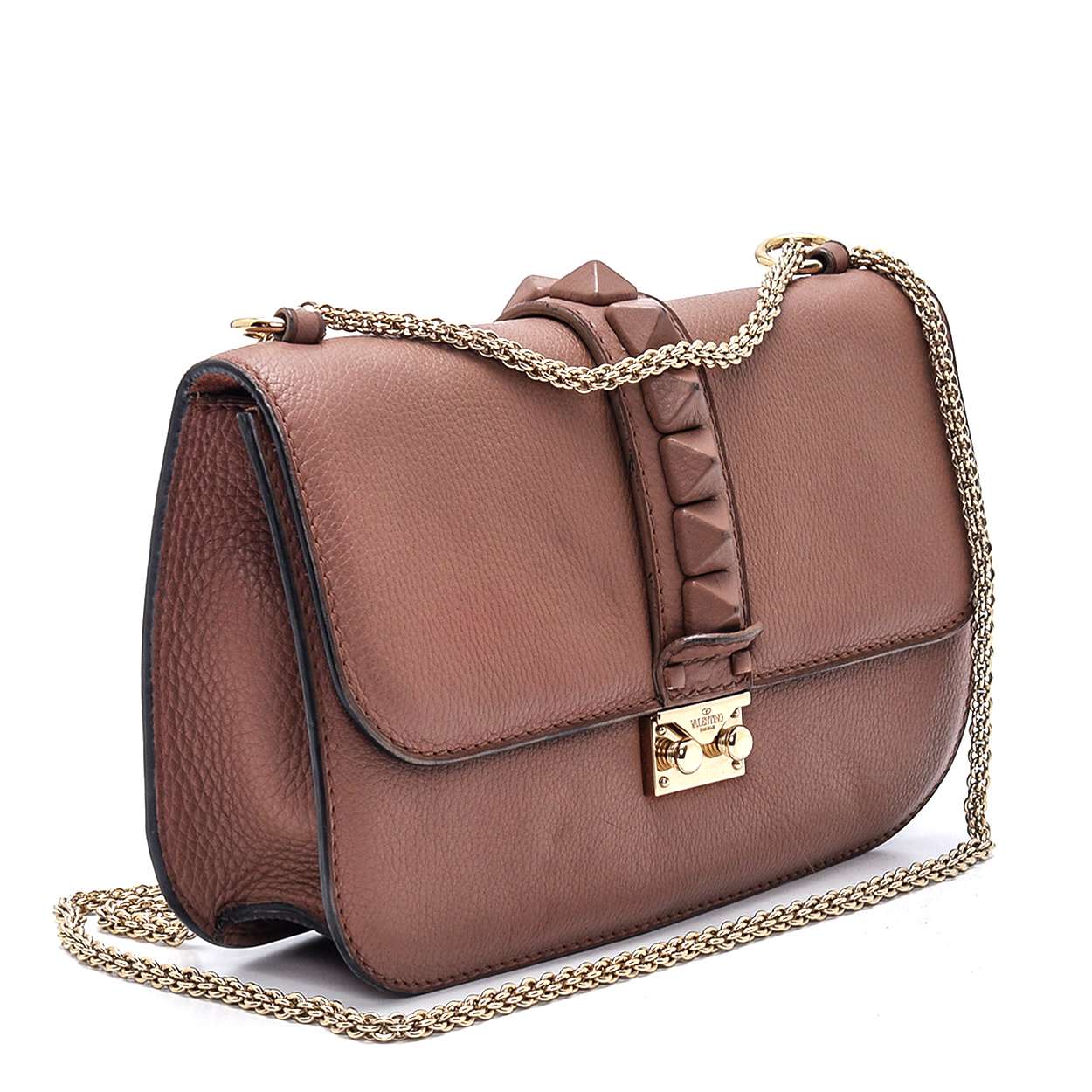 Valentino - Dark Rose Leather Rockstud Glamlock Medium Flap Bag